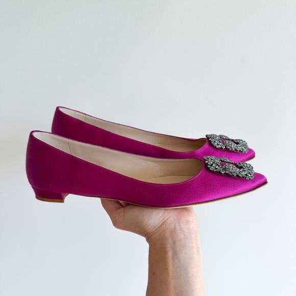 NEW Manolo Blahnik Hangisiflat Satin Jewel Buckle Flat Flats Dark Fuchsia 39.5 - Picture 2 of 7